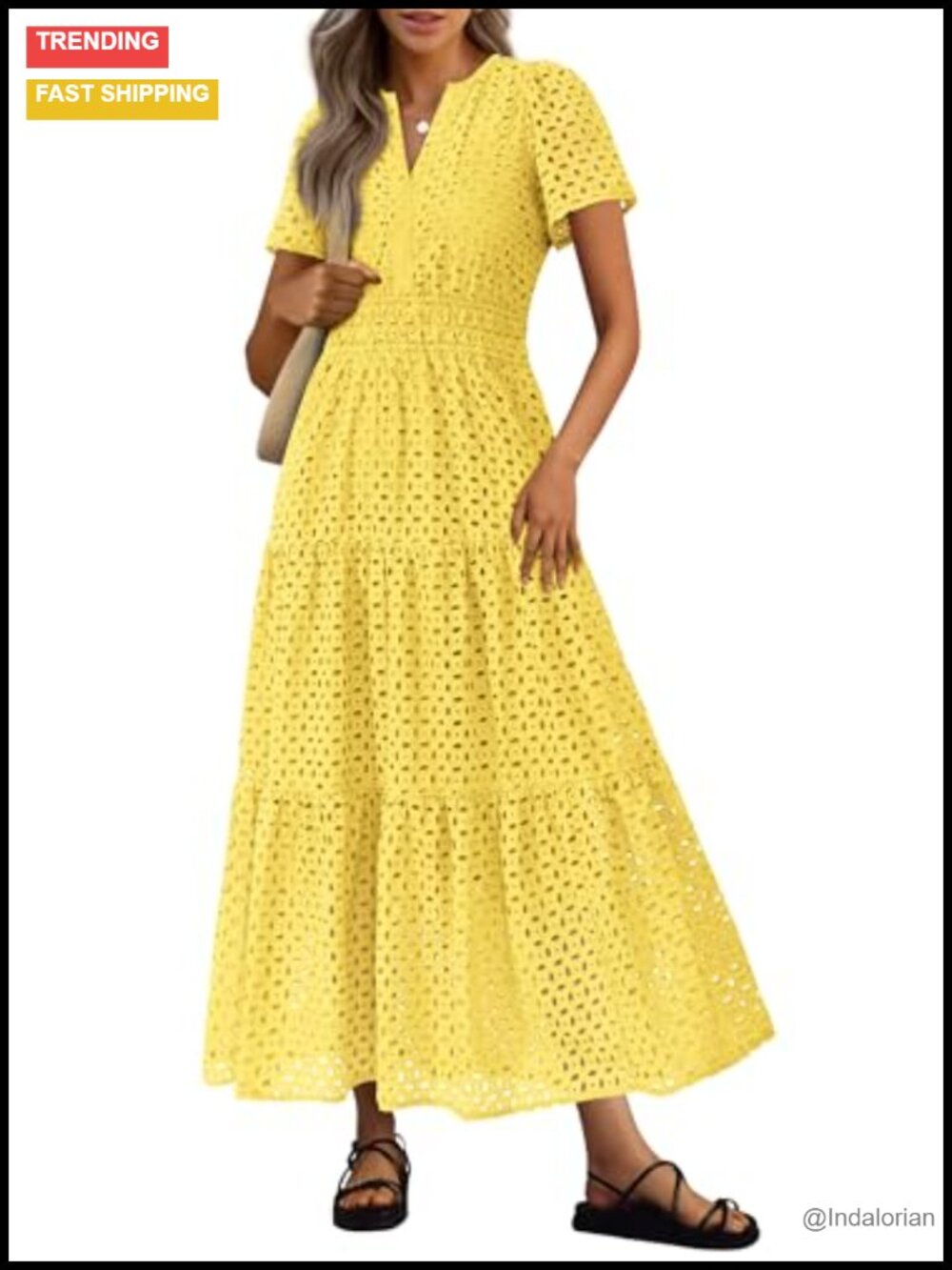 Women's Eyelet Maxi Dress A-Line V-Neck Short Sleeve Boho Beach Summer